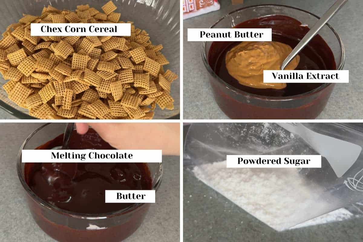 labeled ingredients collage photo for making healthy muddy buddies.