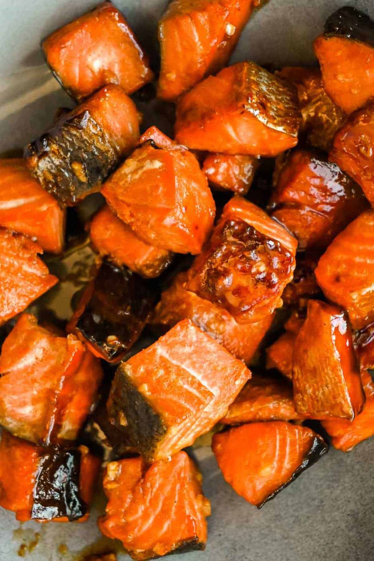 cooked salmon bites up close shot.