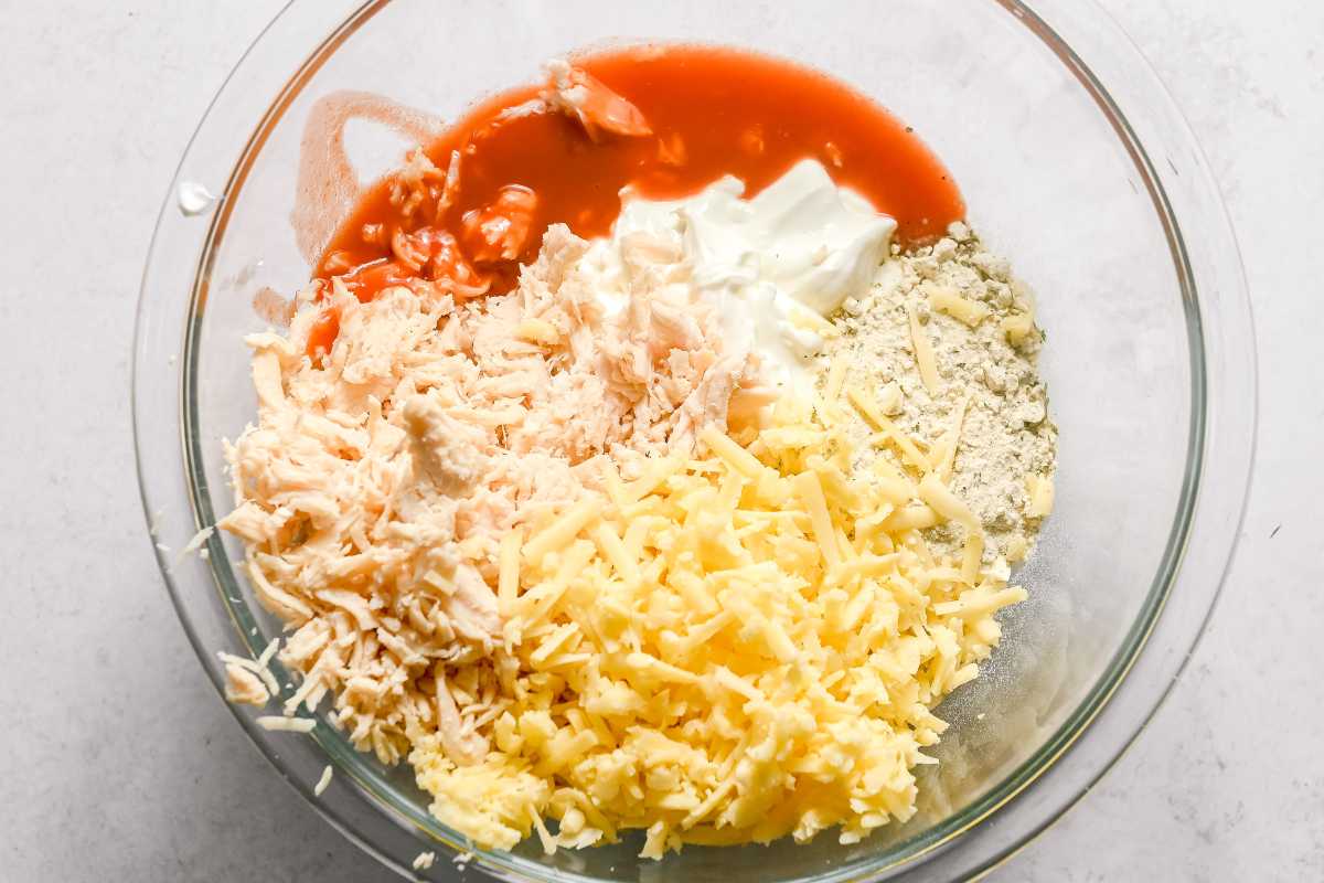 buffalo chicken dip in a glass dish.
