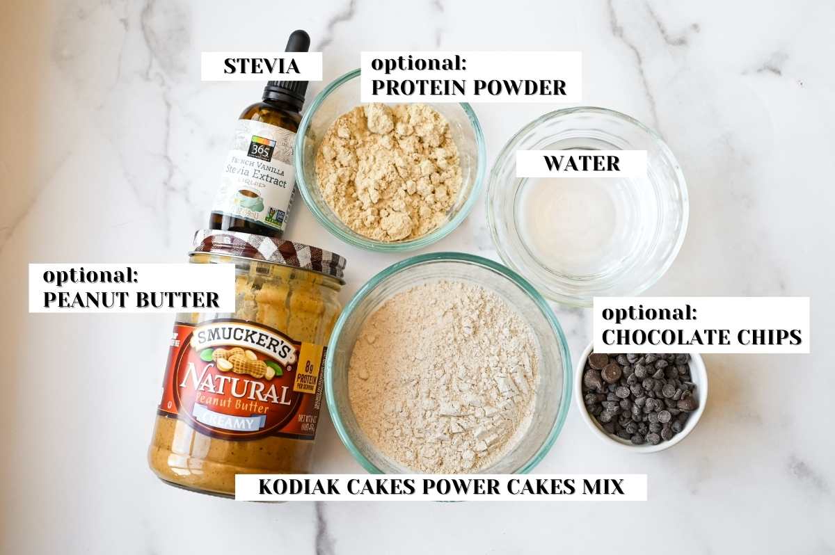 labeled shot of pancake in a mug ingredients.
