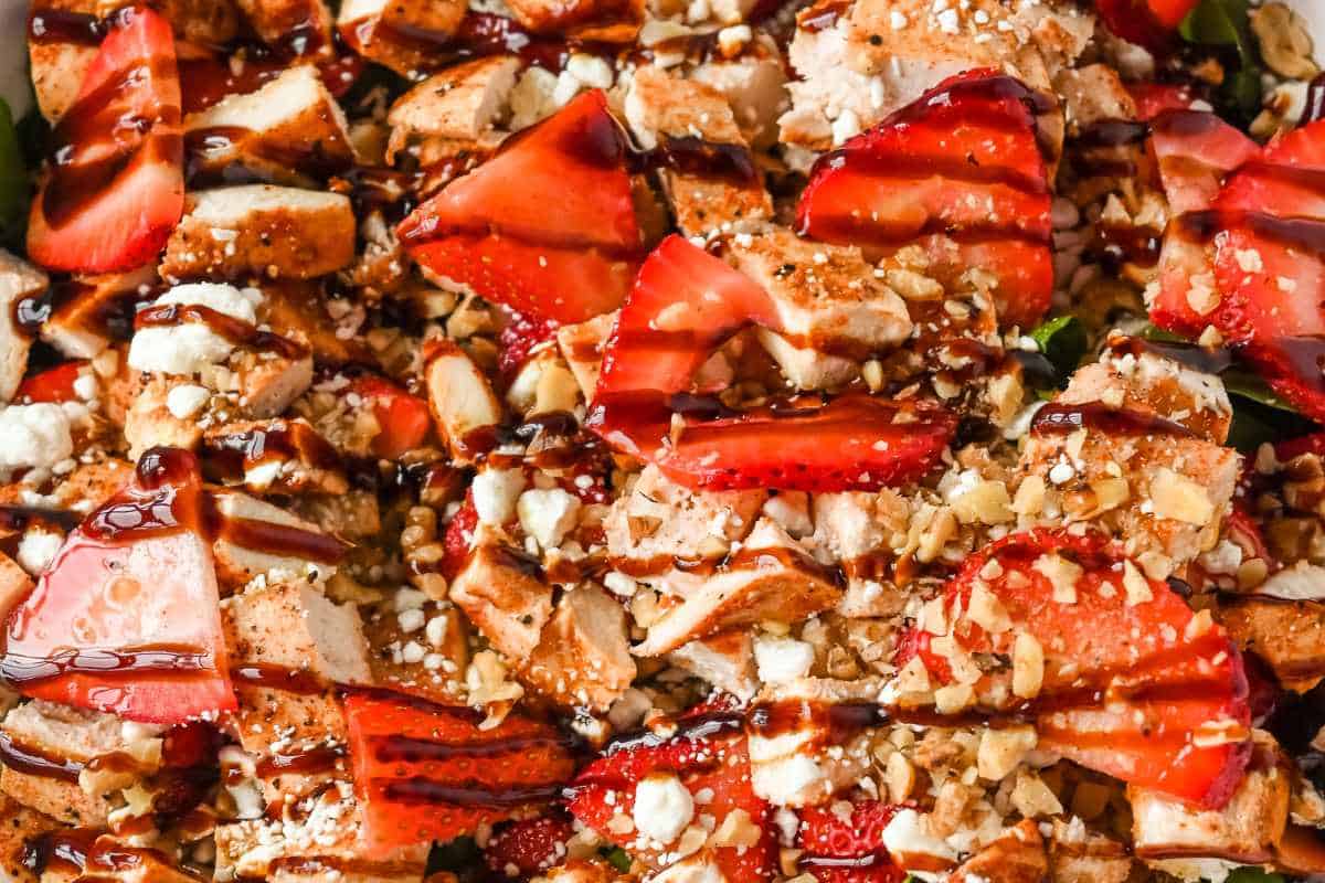 balsamic drizzle over spinach and chicken salad.