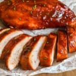 close up of smoked chicken slices.