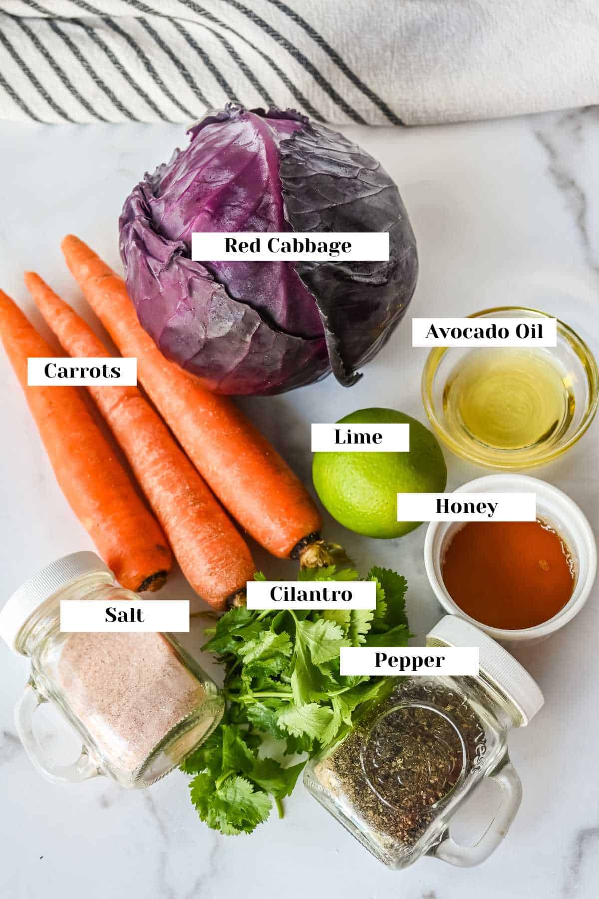 labeled ingredients for red cabbage slaw for tacos.