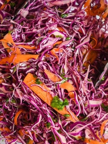 close up shot of red cabbage slaw with carrots and cilantro.