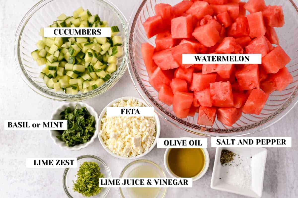 labeled ingredients for this cucumber watermelon salad recipe.