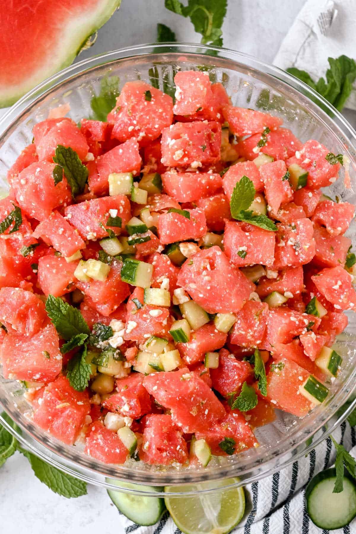 full bowl of cucumber watermelon salad.