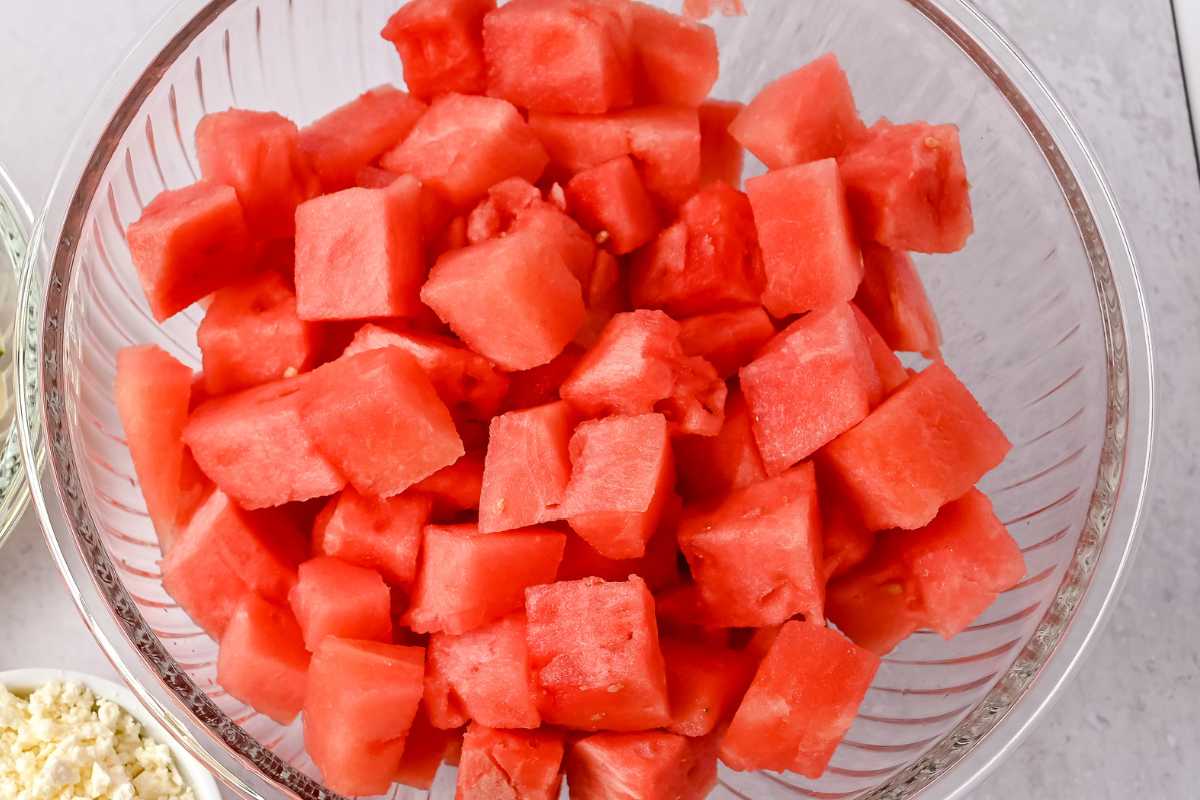 watermelon in a glass bowl.