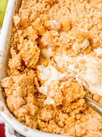 close up of apple cobbler with cake mix in a white dish topped with ice cream and a spoon in the dish.