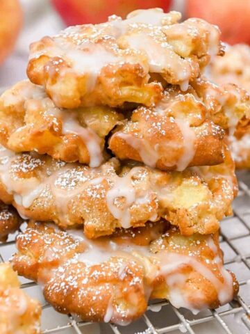 close up shot of a stack of air fryer apple fritters.