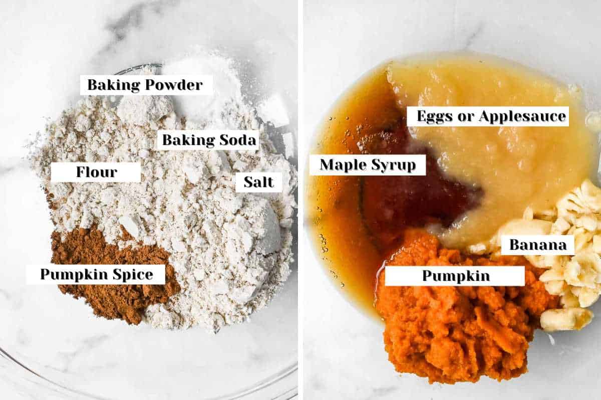 ingredients for pumpkin banana muffins labeled.