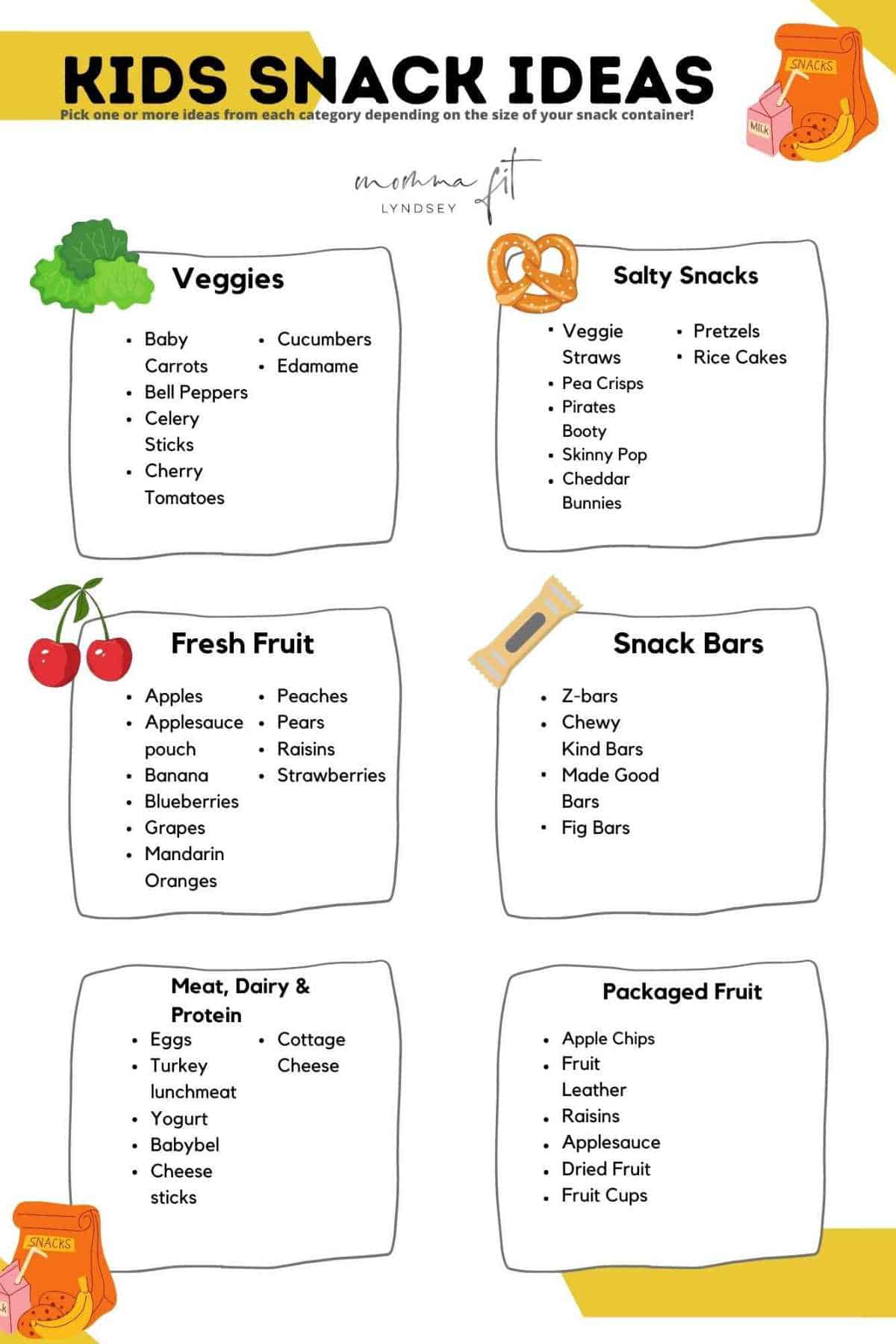 printable list of kids snack ideas.