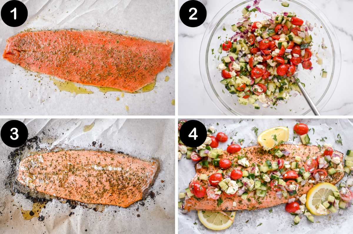numbered steps for making greek salmon with feta.
