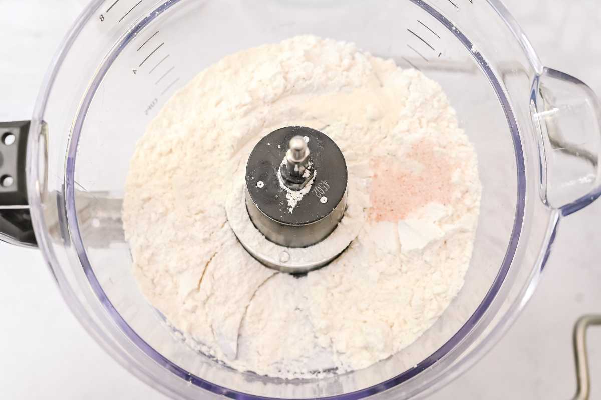 dry ingredients for gluten-free pie crust in a food processor.