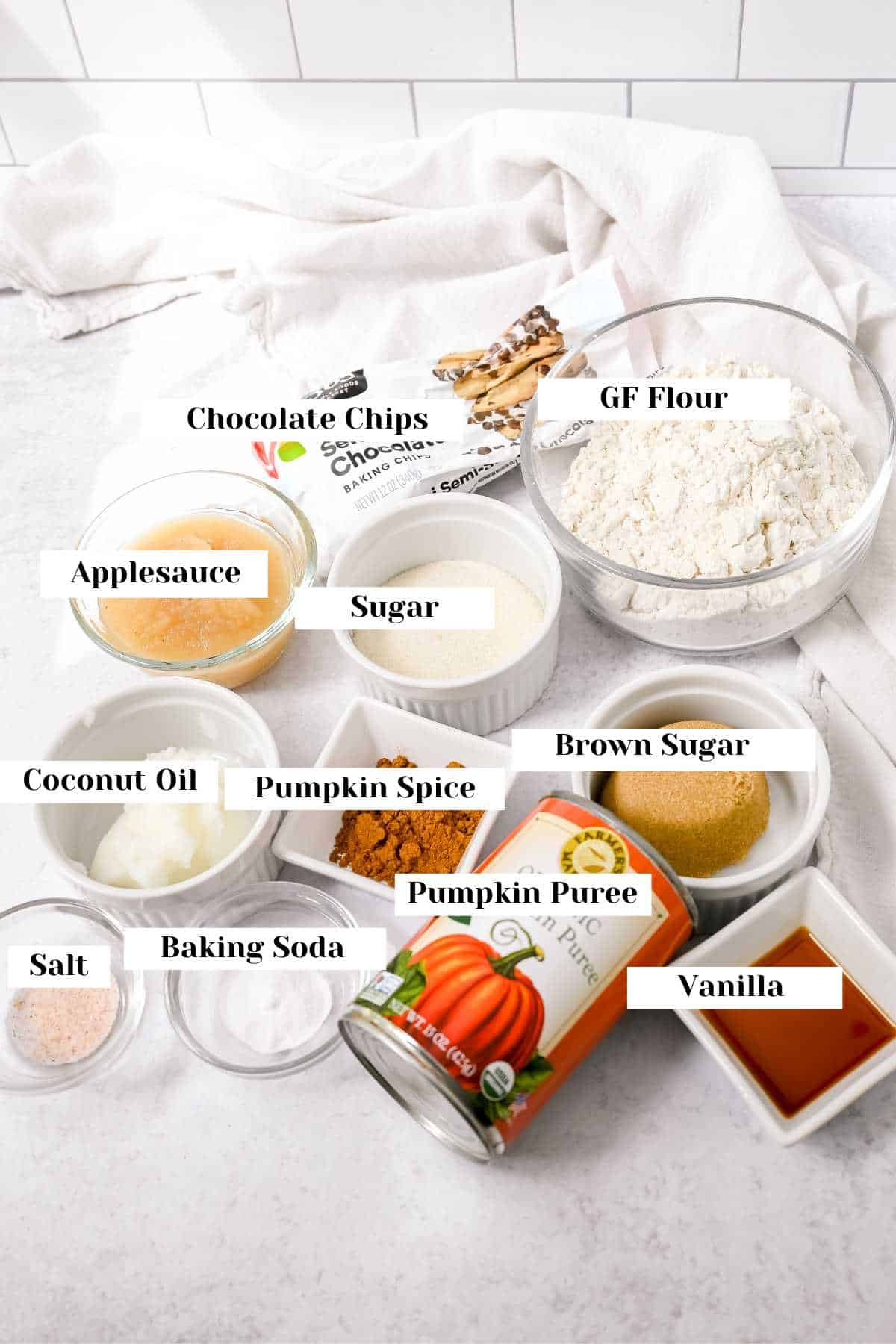 labeled ingredients for making pumpkin bread or muffins.
