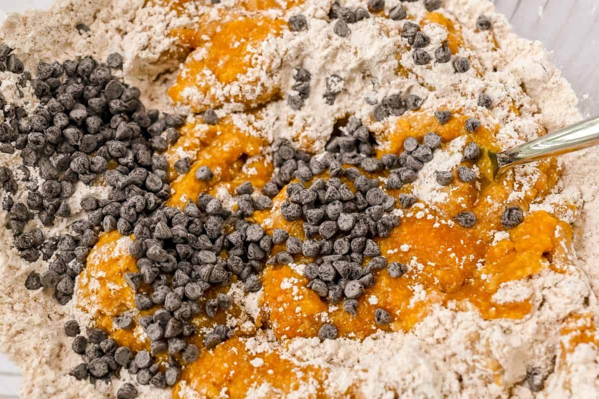 pumpkin bread batter with chocolate chips.