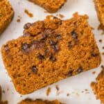 close up shot of pumpkin bread slice with chocolate chips.