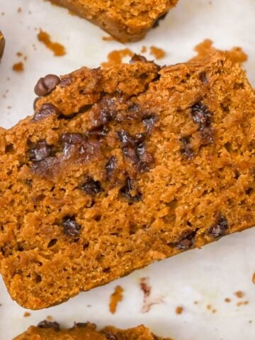 close up shot of pumpkin bread slice with chocolate chips.
