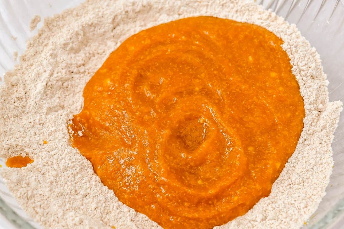 pumpkin puree on top of dry ingredients.