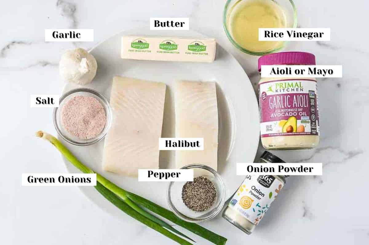 labeled ingredients for air fryer halibut.