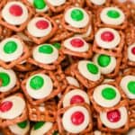 White Chocolate M&M Pretzel Hugs close up.