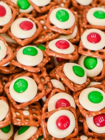 White Chocolate M&M Pretzel Hugs close up.