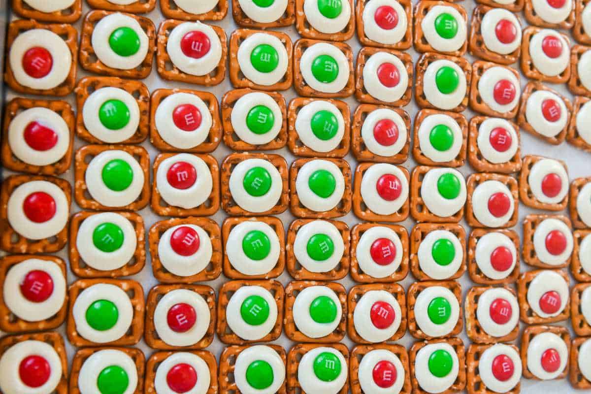 pretzel snap candy on a tray in rows.
