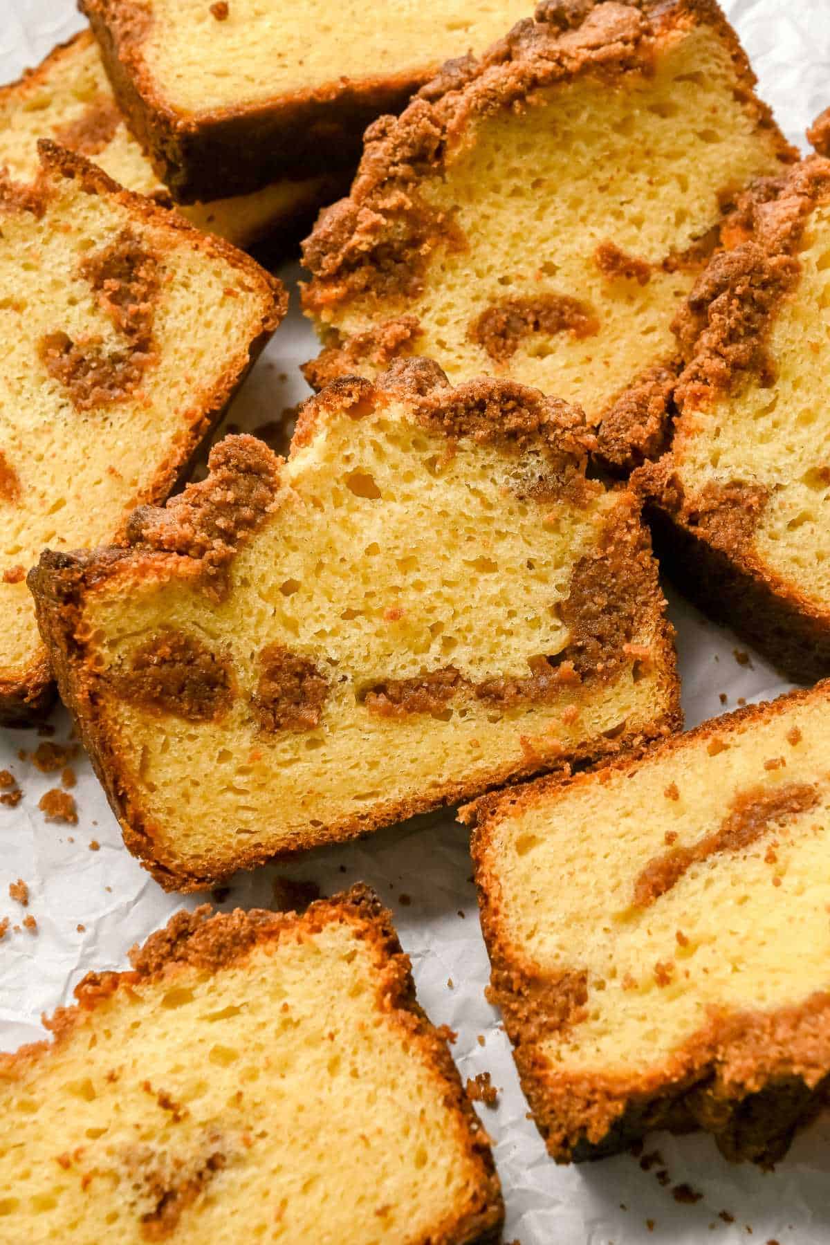 slices of coffee cake on a white background.