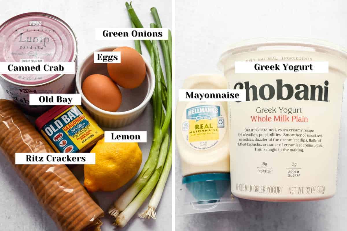 labeled ingredients for making maryland style crab cakes with ritz crackers.