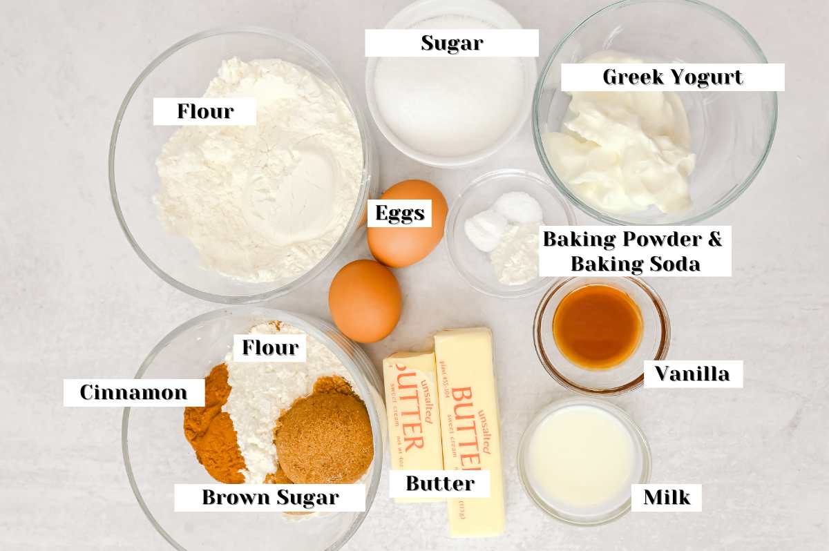 labeled ingredients for coffee cake.
