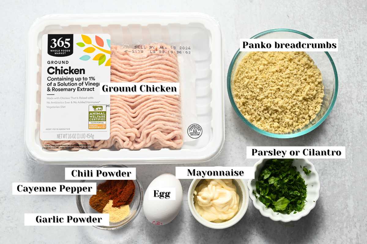 labeled ingredients for air fryer chicken burgers on a white background.
