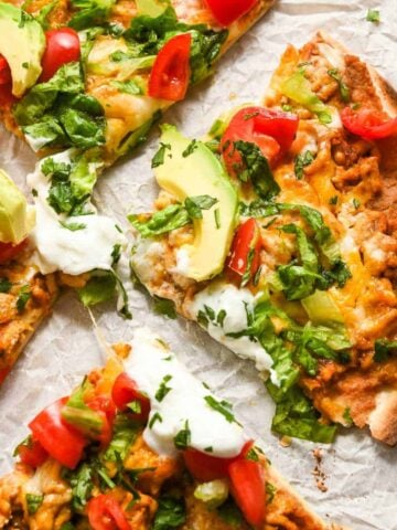 up close shot of air fryer Mexican pizza slice.