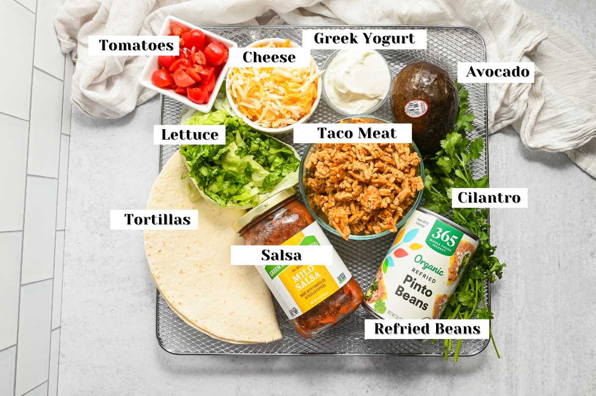 labeled ingredients for air fryer Mexican pizza.