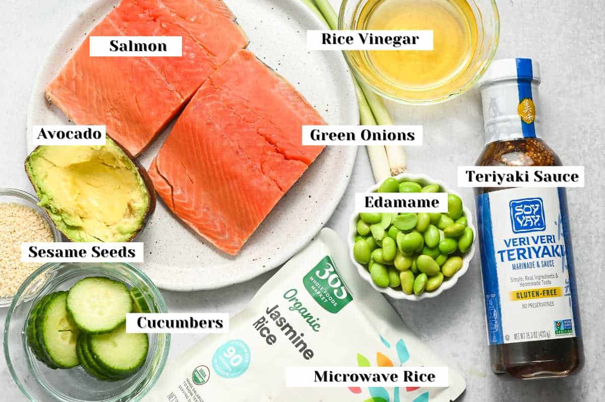 labeled ingredients for making a teriyaki salmon bowl.