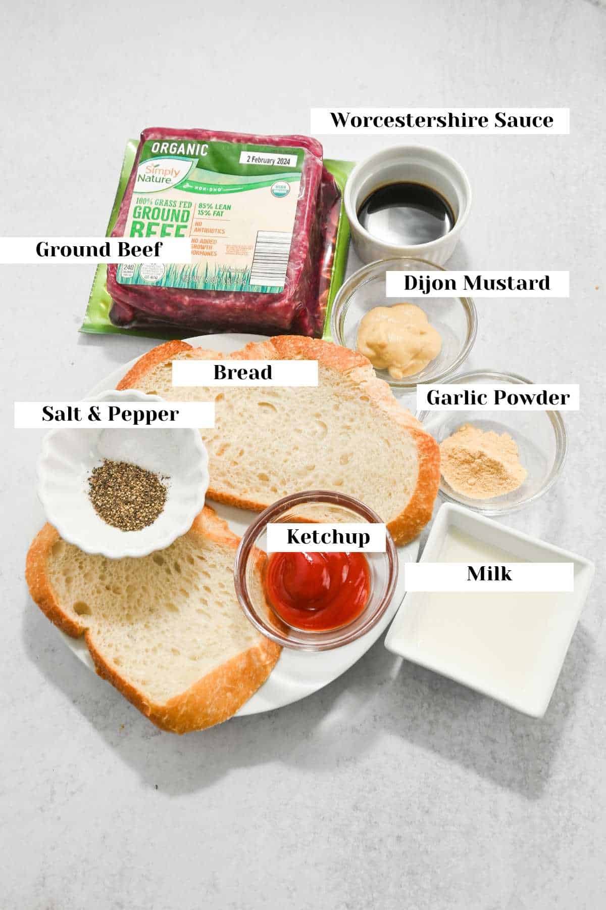 labeled ingredients for making pub burgers with worcestershire sauce.