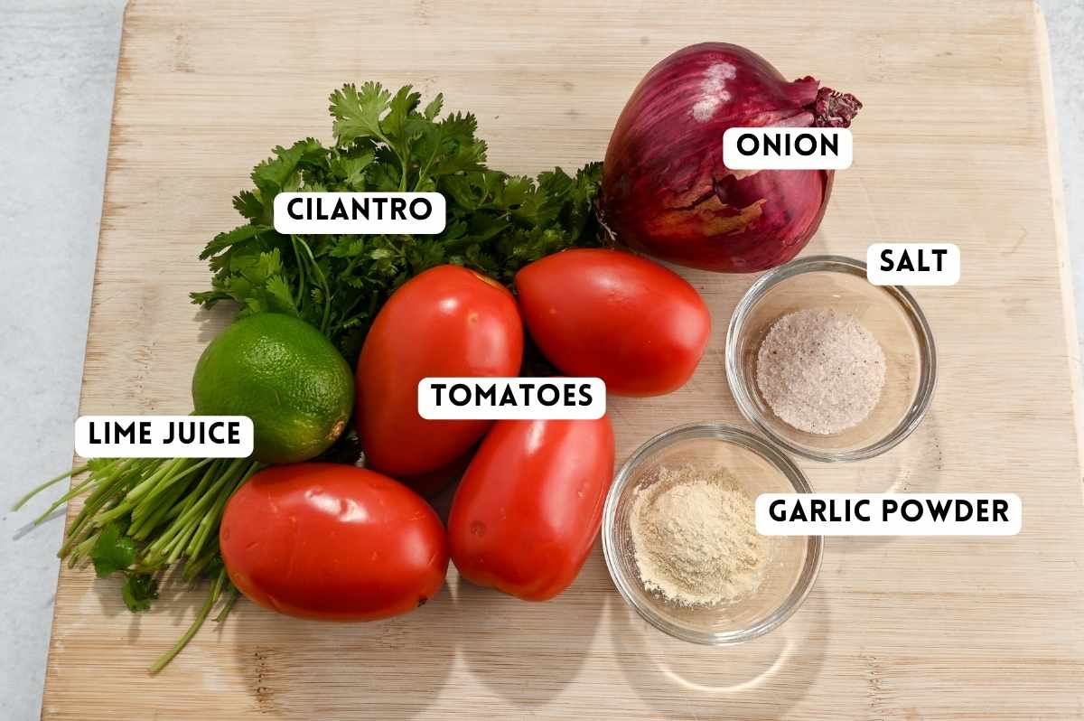 labeled ingredients for making mild pico de gallo.