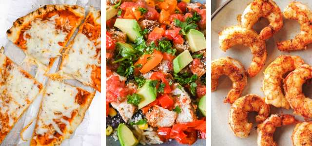 pizza, burrito bowl, and shrimp.