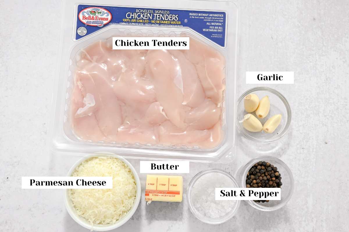 labeled ingredients for making garlic parmesan chicken tenders in the air fryer.