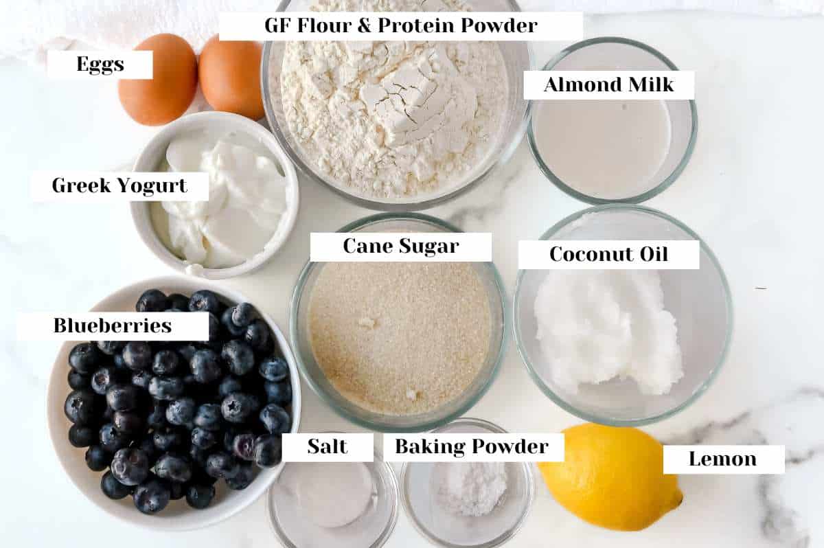 labeled ingredients for blueberry lemon muffins.