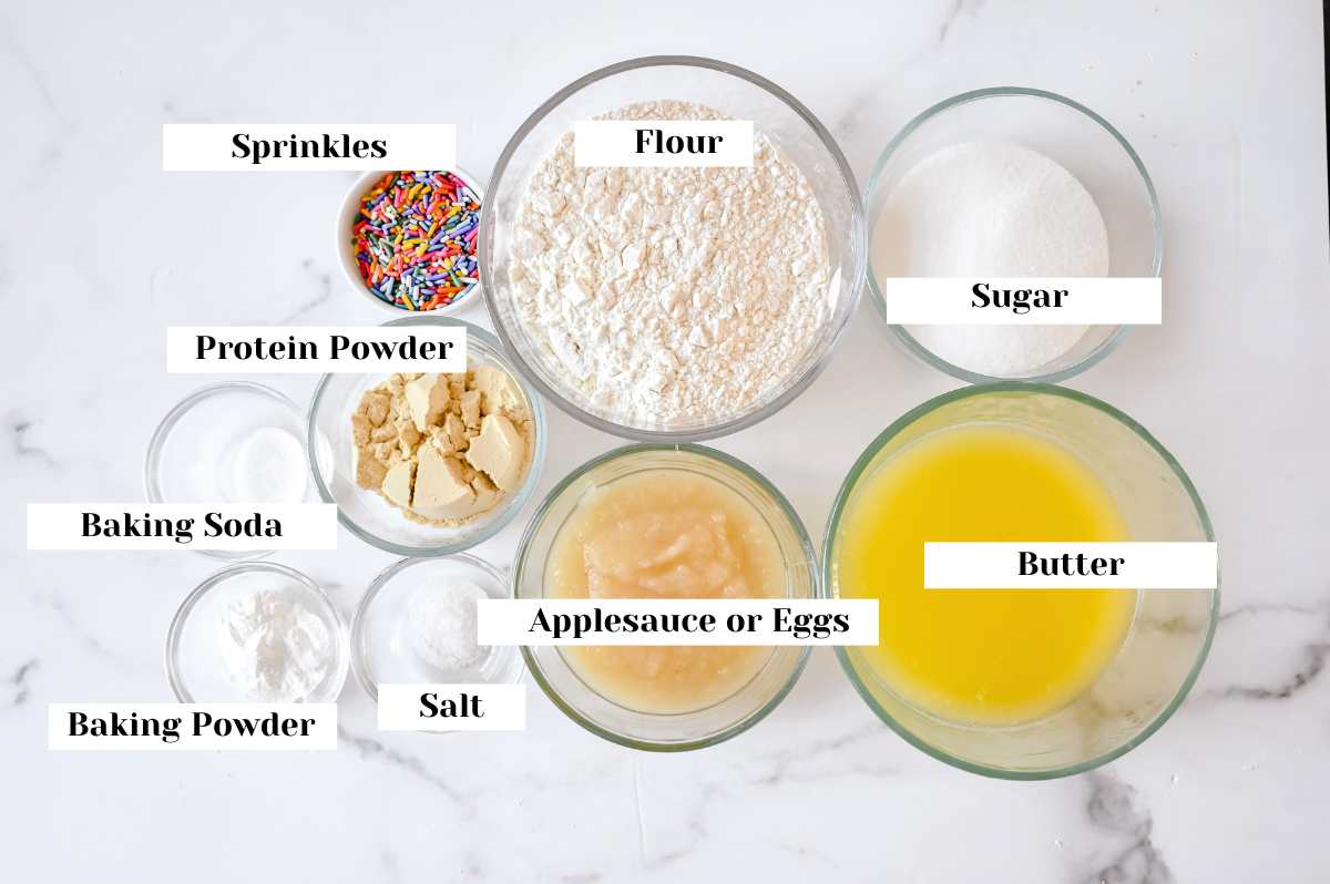 labeled ingredients for making funfetti donuts.