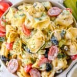 close up of greek tortellini pasta salad.