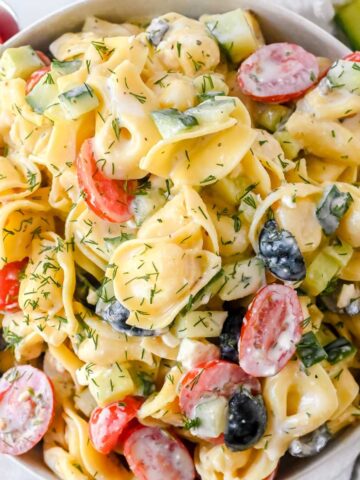 close up of greek tortellini pasta salad.