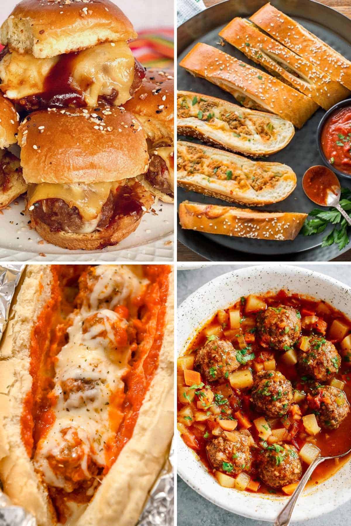 collage of leftover meatball recipes photos.