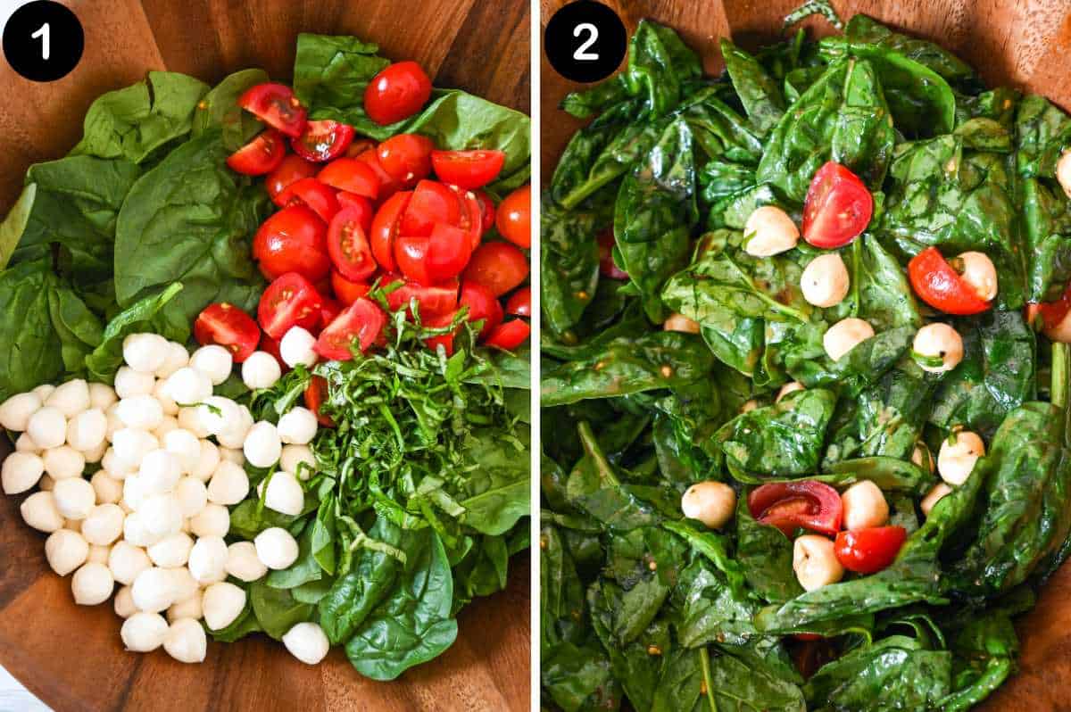 numbered steps for making 10-minute caprese salad with spinach.