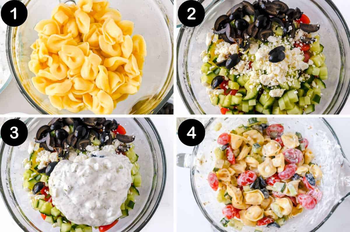 numbered steps for making greek tortellini pasta salad.