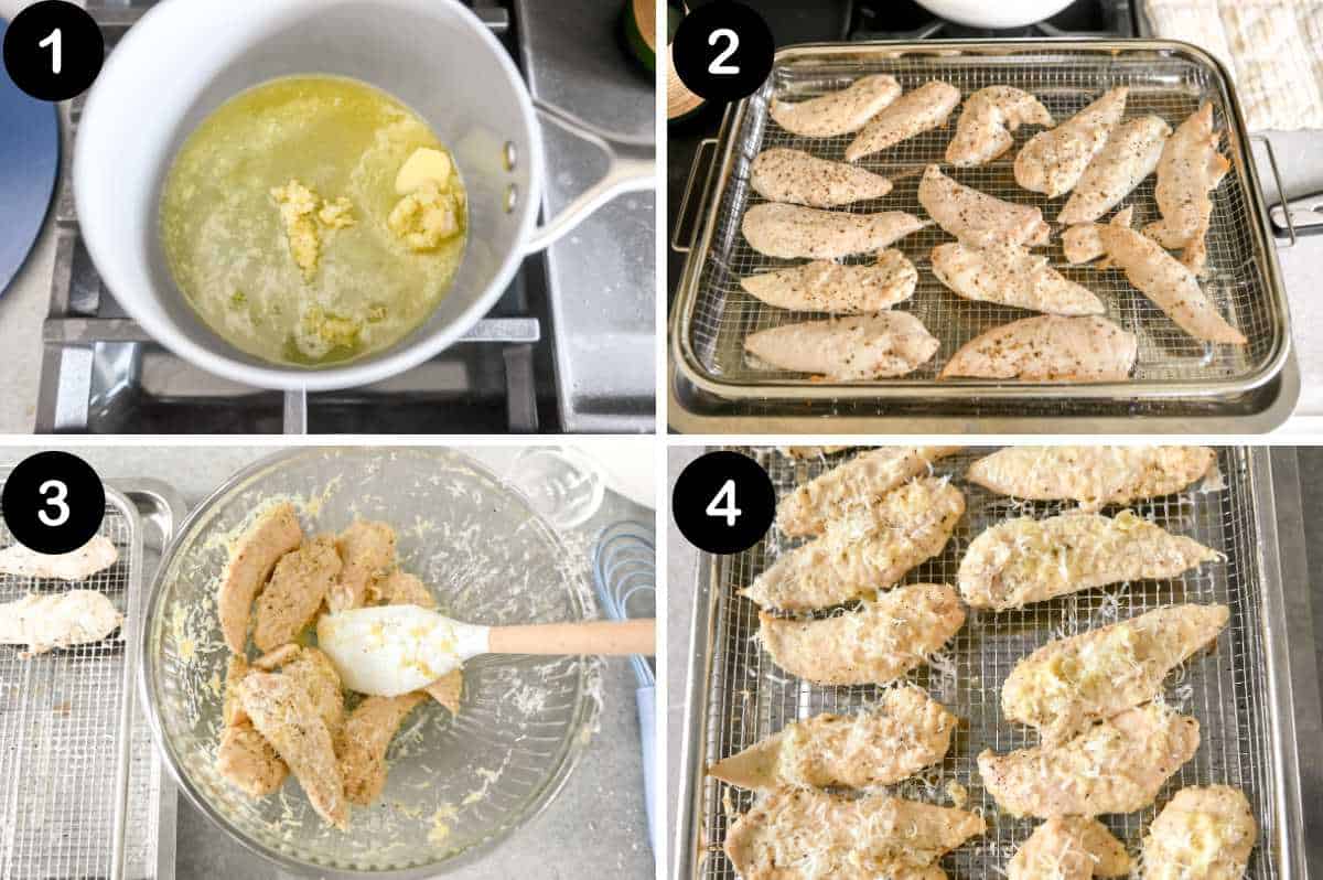 steps for making garlic parmesan chicken tenders in the air fryer.