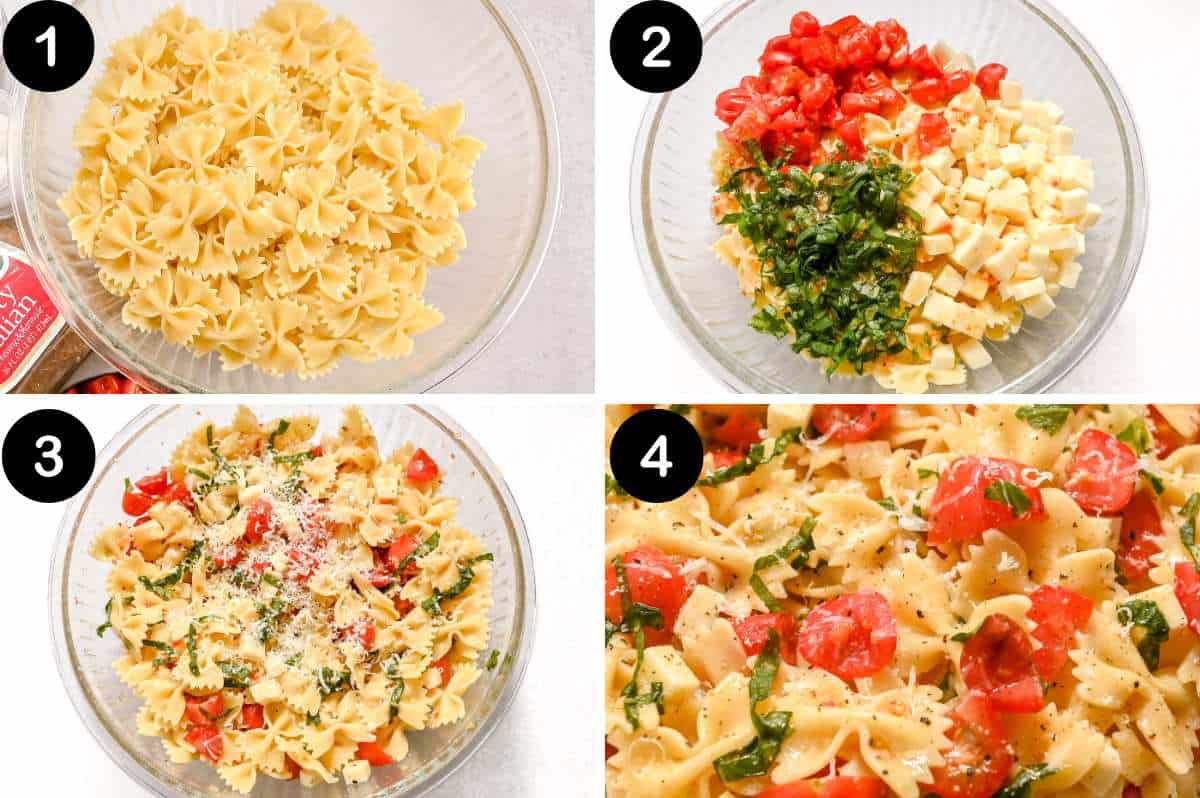 numbered steps for making bow tie pasta salad.