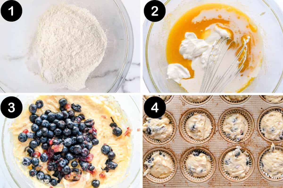 numbered steps for how to make blueberry lemon protein muffins.