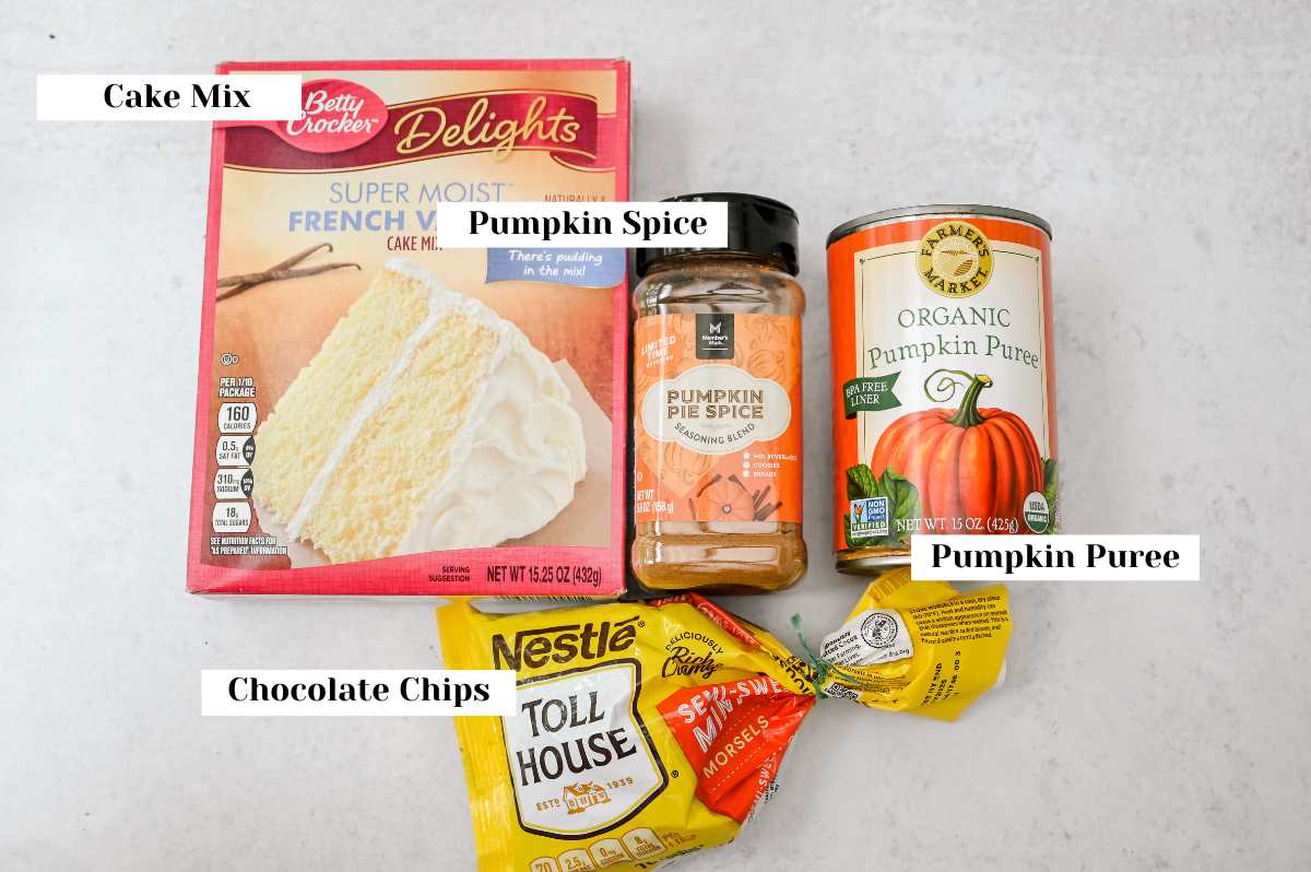 labeled ingredients for making cake mix pumpkin cookies with 4 ingredients.