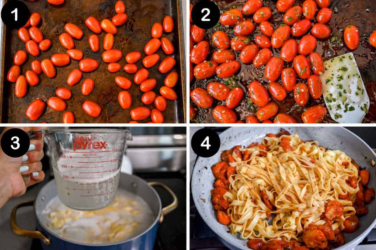 numbered steps for making cherry tomato pasta.