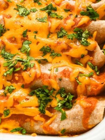 close up of ground chicken enchiladas topped with cheese and cilantro.